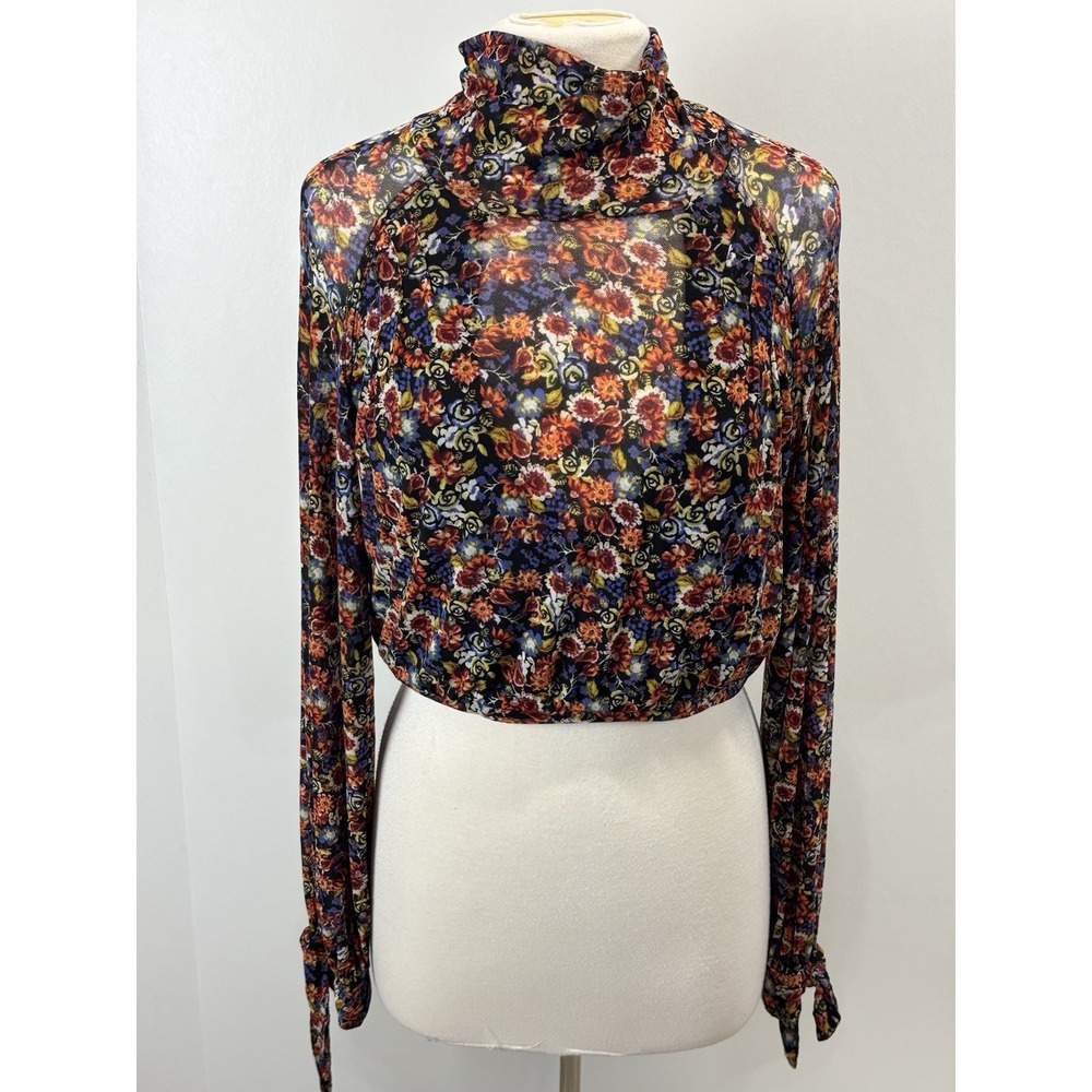 Free People All Dolled Up Floral Mesh Crop Top Shirt Women's S Black Tie Y2K